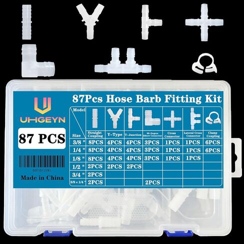 87pcs خرطوم خرطوم طاولة تركيب - 3/8 "، 1/8" ، 1/4 "، 1/2" ، 3/4 "مع مستقيم ، y/t tees ، مخفض البرب in Kuwait
