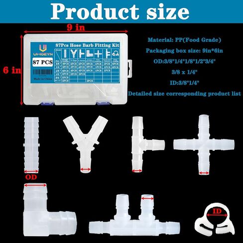 87pcs خرطوم خرطوم طاولة تركيب - 3/8 "، 1/8" ، 1/4 "، 1/2" ، 3/4 "مع مستقيم ، y/t tees ، مخفض البرب in Kuwait