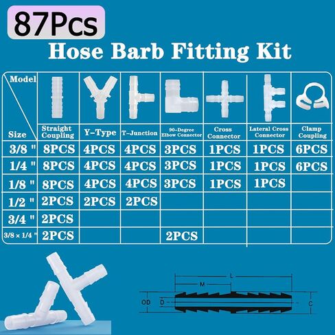 87pcs خرطوم خرطوم طاولة تركيب - 3/8 "، 1/8" ، 1/4 "، 1/2" ، 3/4 "مع مستقيم ، y/t tees ، مخفض البرب in Kuwait