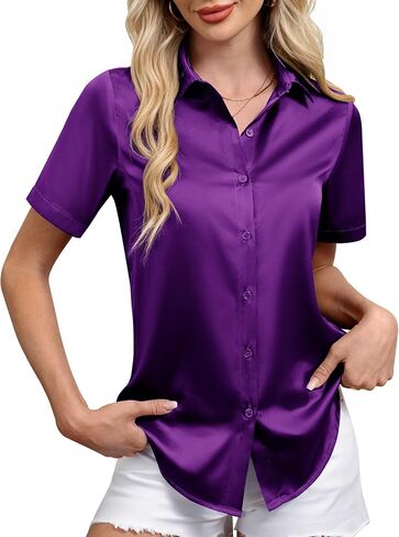 siliteelon Satin Button Down Shirt for Women Short Sleeve Silk Blouse V Neck Work Office Blouse Dressy Elegant Shirt Top in Saudi Arabia