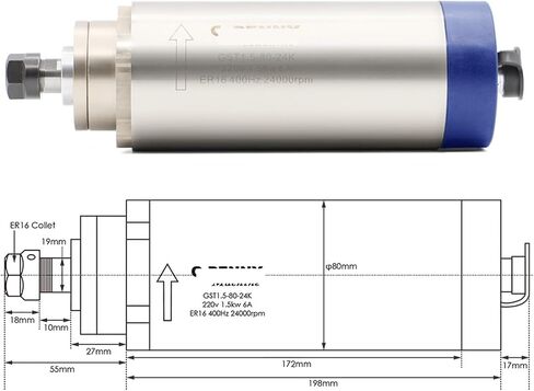 1.5kW ER16 AIR AIR CORDLE MOTOR KIT 80X200MM 4 PCS تحمل 0.01 مم و 220 فولت 1.5KW H100 VFD و 80 مم مغزل in Saudi Arabia