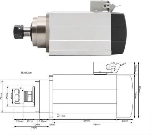 1.5kw ER20 محرك مغزل مبرد بالهواء ، مربع ، مع شفة ، 4 محامل ، دقة 0.01 مم ، محرك تردد متغير 1.5 كيلو وات (380 فولت) in Saudi Arabia