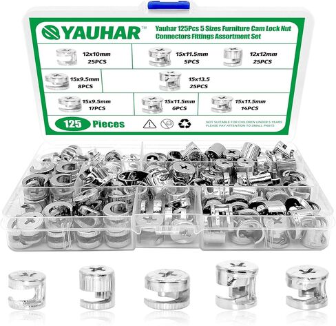 125Pcs 5 Sizes Furniture Cam Lock Nut Connectors Fittings, 15 * 9.5/15 * 11.5/15 * 13.5/12 * 10/12 * 12mm Fastener Cabinet Connecting Hardware Bolts for Drawer Closets Bed in Saudi Arabia