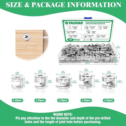 125Pcs 5 Sizes Furniture Cam Lock Nut Connectors Fittings, 15 * 9.5/15 * 11.5/15 * 13.5/12 * 10/12 * 12mm Fastener Cabinet Connecting Hardware Bolts for Drawer Closets Bed in Saudi Arabia