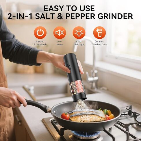 2 in 1 Electric Salt and Pepper Grinder Set, USB Rechargeable, Automatic Salt and Pepper Mill Shakers with LED Light, Battery Display, Adjustable Coarseness, Ideal for Kitchen Outdoor BBQ Gift in Saudi Arabia