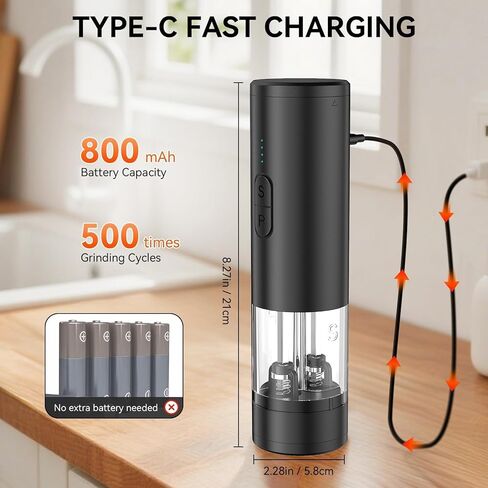 2 in 1 Electric Salt and Pepper Grinder Set, USB Rechargeable, Automatic Salt and Pepper Mill Shakers with LED Light, Battery Display, Adjustable Coarseness, Ideal for Kitchen Outdoor BBQ Gift in Saudi Arabia