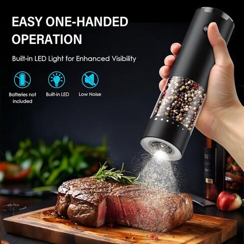 مجموعة طاحونة من الملح والفلفل الكهربائي ، والملح الأوتوماتيكي والفلفل طاحونة مع الخزانة الخارجية القابلة للتعديل من 6 مستويات ترقية ، وتشغيل البطارية ، وملء سهلة ، وسعة أكبر مع LED (أسود/أسود) in Kuwait