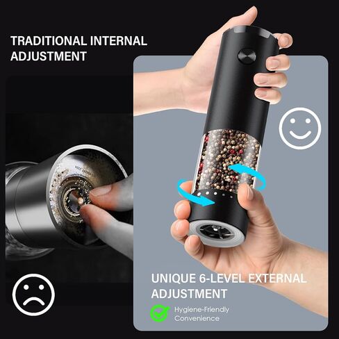 مجموعة طاحونة من الملح والفلفل الكهربائي ، والملح الأوتوماتيكي والفلفل طاحونة مع الخزانة الخارجية القابلة للتعديل من 6 مستويات ترقية ، وتشغيل البطارية ، وملء سهلة ، وسعة أكبر مع LED (أسود/أسود) in Kuwait