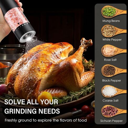 مجموعة طاحونة من الملح والفلفل الكهربائي ، والملح الأوتوماتيكي والفلفل طاحونة مع الخزانة الخارجية القابلة للتعديل من 6 مستويات ترقية ، وتشغيل البطارية ، وملء سهلة ، وسعة أكبر مع LED (أسود/أسود) in Kuwait