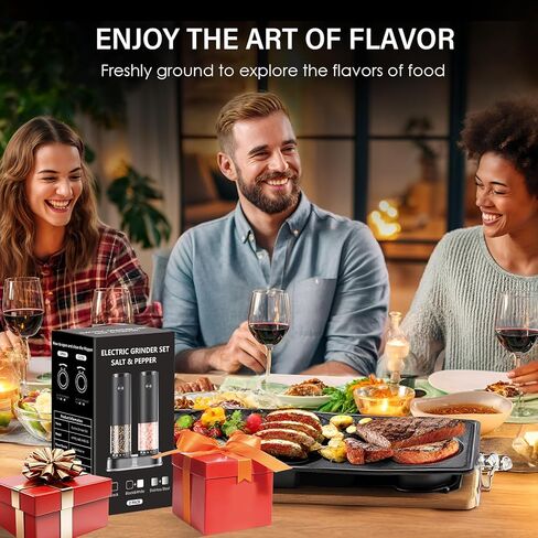 مجموعة طاحونة من الملح والفلفل الكهربائي ، والملح الأوتوماتيكي والفلفل طاحونة مع الخزانة الخارجية القابلة للتعديل من 6 مستويات ترقية ، وتشغيل البطارية ، وملء سهلة ، وسعة أكبر مع LED (أسود/أسود) in Kuwait