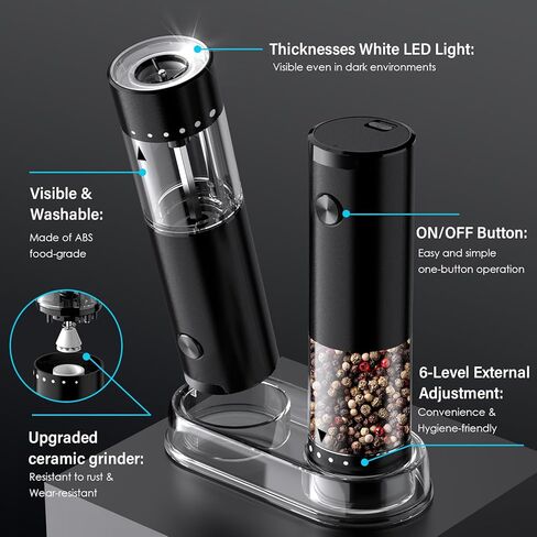 مجموعة طاحونة من الملح والفلفل الكهربائي ، والملح الأوتوماتيكي والفلفل طاحونة مع الخزانة الخارجية القابلة للتعديل من 6 مستويات ترقية ، وتشغيل البطارية ، وملء سهلة ، وسعة أكبر مع LED (أسود/أسود) in Kuwait