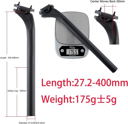 Ultra Light Bike Seat Post Carbon Seatpost 27.2mm for Road Mountain BMX Bicycle, Shock Absorption and Comfortable, Capacity of 100kg, Weight 175g ± 5g, Length 400mm, Matte in Saudi Arabia