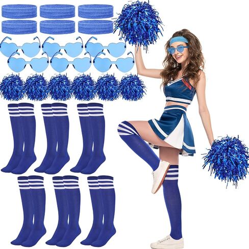 24pcs Blue Team Spirit Wear Accessories Include 6 Cheerleading Pom Poms with Plastic Handle 6 Women Knee High Socks 6 Sport Stretchy Headbands 6 Sunglasses for Sport Event Supplies in Saudi Arabia