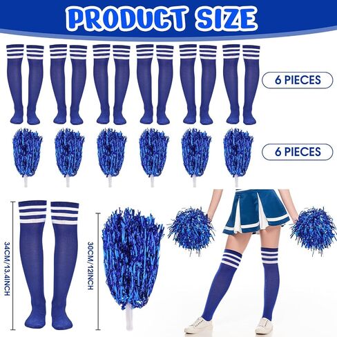 24pcs Blue Team Spirit Wear Accessories Include 6 Cheerleading Pom Poms with Plastic Handle 6 Women Knee High Socks 6 Sport Stretchy Headbands 6 Sunglasses for Sport Event Supplies in Saudi Arabia
