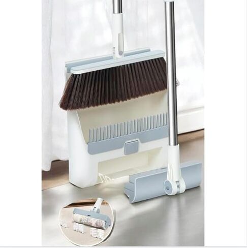 3-in-1 Broom, Dustpan, and Lint Roller Set - Adjustable Angle Broom with Self-Cleaning Dustpan and Extendable Handle Lint Roller for Pet Hair, Dust, and Dirt - Compact & Space-Saving Cleaning Kit in Saudi Arabia
