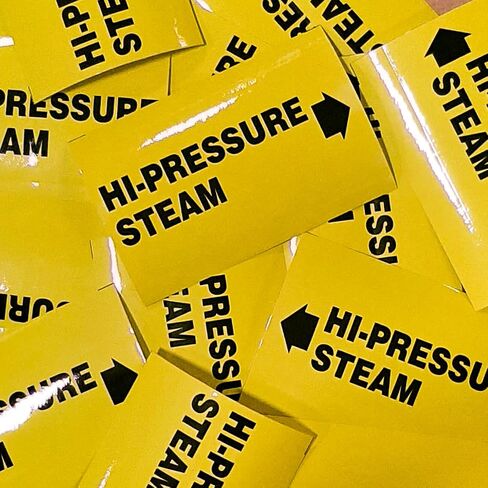 Industrial Pipe Marker Labels, Yellow with Black Text, Directional Arrows HI Pressure STEAM + Arrow in Saudi Arabia