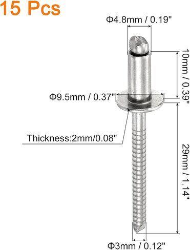 UXCELL 15PCS 3/16 "x3/8" 304 مسامير قبة من الفولاذ المقاوم للصدأ ، من النوع المفتوح من النوع الأعمى ل DIY ، الصفائح المعدنية ، إصلاحات السيارات ، الأثاث ، القوارب ، أعمال القناة (الفضة) in Saudi Arabia