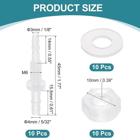UXCELL 10PCS خرطوم البلاستيك تركيب بارب ، 3/16 "× 1/4" محول الحاجز موصل أنابيب مينر ميندر مع M8 NUT و GASHER لوقود مياه الهواء السمكية in Saudi Arabia