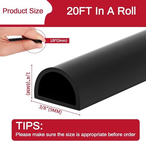 20FT Weather Stripping Door Seal - Self Adhesive Door Weather Stripping,D Shaped Silicone Seal Strip for Doors Frame,Window Seals (Black 3/8" W × 1/4" T) in Saudi Arabia