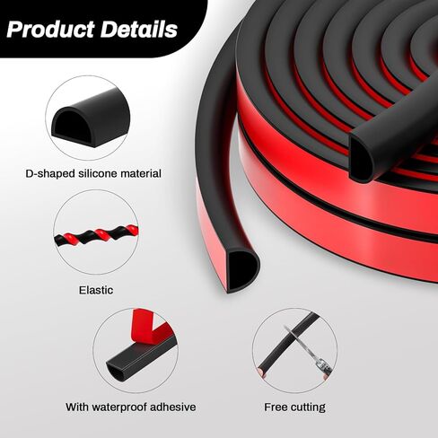 20FT Weather Stripping Door Seal - Self Adhesive Door Weather Stripping,D Shaped Silicone Seal Strip for Doors Frame,Window Seals (Black 3/8" W × 1/4" T) in Saudi Arabia