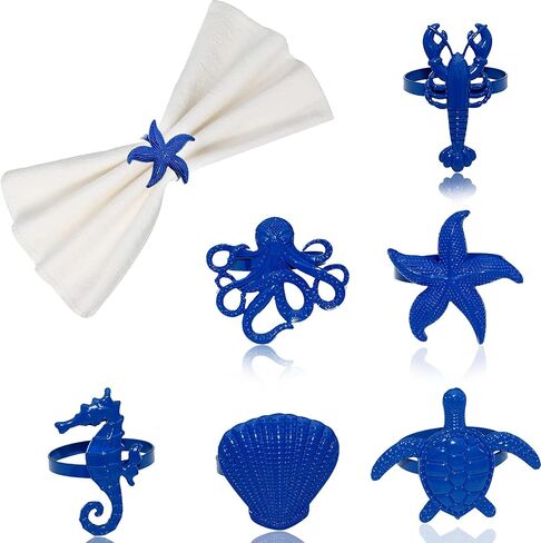 Blue Napkin Rings Set of 6 Coastal Napkin Rings for Ocean Dining Table Decor,Summer Napkin Ring,Nautical Napkin Ring Holders,Shell Rings for Napkins,Starfish Napkin Holders for Cloth Napkins in Saudi Arabia