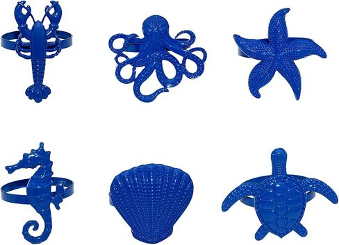 Blue Napkin Rings Set of 6 Coastal Napkin Rings for Ocean Dining Table Decor,Summer Napkin Ring,Nautical Napkin Ring Holders,Shell Rings for Napkins,Starfish Napkin Holders for Cloth Napkins in Saudi Arabia