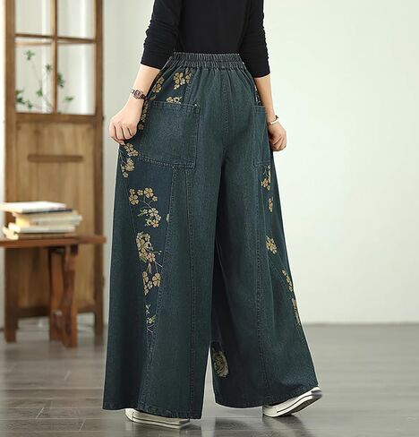 LAI MENG FIVE CATS Women's Casual Loose Wide Leg Jeans Drawstring Elastic Waisted Pants with Pockets in Saudi Arabia