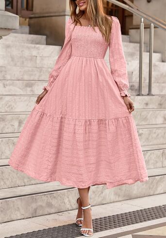 BTFBM Women Maxi Fall Dresses 2025 Long Slight Soid Square Square Neck Smoocked Boho Long Wedding Guest Dress in Saudi Arabia