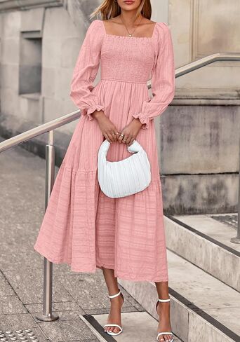 BTFBM Women Maxi Fall Dresses 2025 Long Slight Soid Square Square Neck Smoocked Boho Long Wedding Guest Dress in Saudi Arabia