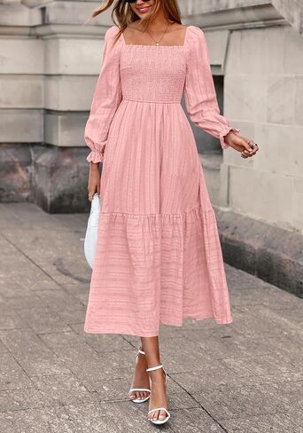 BTFBM Women Maxi Fall Dresses 2025 Long Slight Soid Square Square Neck Smoocked Boho Long Wedding Guest Dress in Saudi Arabia