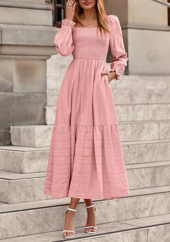BTFBM Women Maxi Fall Dresses 2025 Long Slight Soid Square Square Neck Smoocked Boho Long Wedding Guest Dress in Saudi Arabia