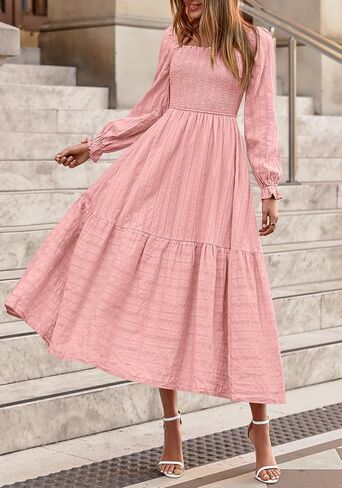 BTFBM Women Maxi Fall Dresses 2025 Long Slight Soid Square Square Neck Smoocked Boho Long Wedding Guest Dress in Saudi Arabia