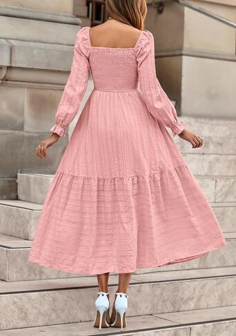 BTFBM Women Maxi Fall Dresses 2025 Long Slight Soid Square Square Neck Smoocked Boho Long Wedding Guest Dress in Saudi Arabia