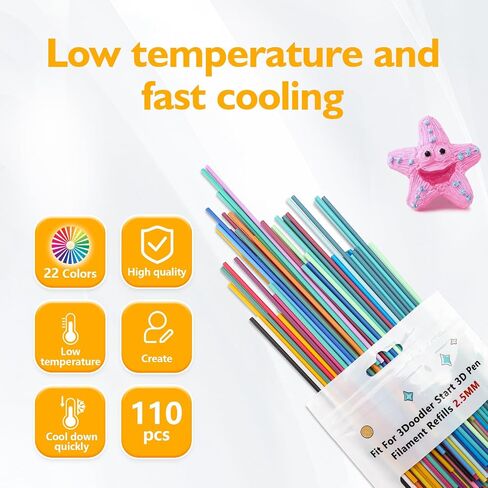 22 Colors 3D Pen Refills for 3Doodler Start 3D Pen, Low Temperature PCL Filament 2.5 mm, Each Color 15cm x 5pcs, Total 110pcs, Only Fit for 3Doodler Start Pen in Saudi Arabia