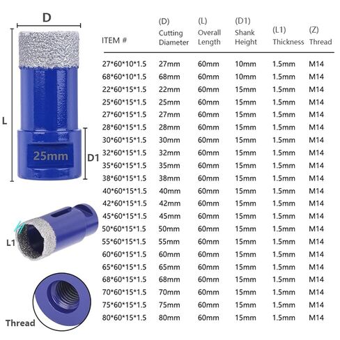 قاطع حفرة الماس المنحوسة مقطوعة M14 خيط 1.5 مم فتح فتحة ثقب السماكة للزاوية طاحونة البلاط الرخام الحفر 1pcs (اللون: 65 ملم ، الحجم: 60x15mm) in Kuwait