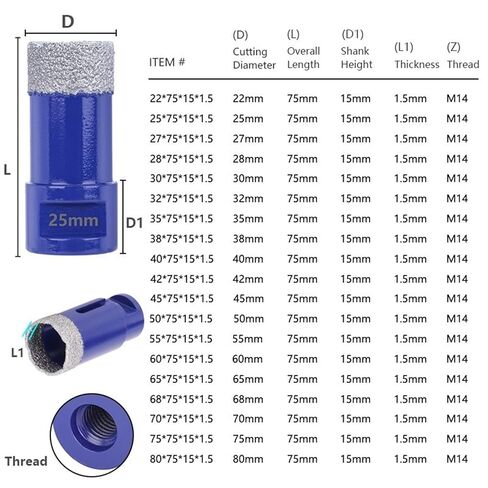 قاطع حفرة الماس المنحوسة مقطوعة M14 خيط 1.5 مم فتح فتحة ثقب السماكة للزاوية طاحونة البلاط الرخام الحفر 1pcs (اللون: 65 ملم ، الحجم: 60x15mm) in Kuwait
