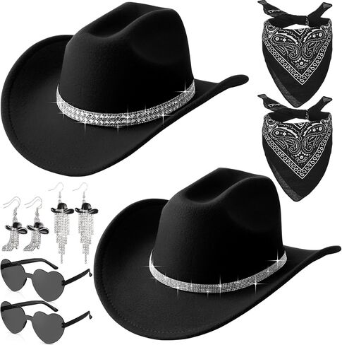 Hercicy 8 Pcs Rhinestone Cowboy Hat for Women Western Cowgirl Glitter Sparkly Earrings Heart Sunglasses Paisley Bandanas in Saudi Arabia