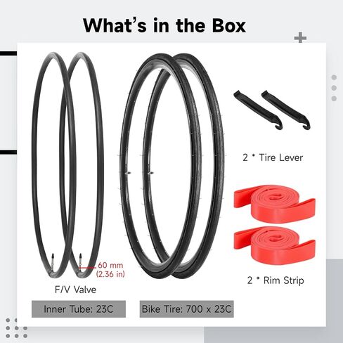 yeesport 700 x 23c Road Bike Tires, 2 Pack Folding Bike Tires 700x23c Tire & 700x23/25/28c Road Bike Tubes with Rim Strips, 700c Bike Tire Presta Valve 60mm Replacement in Saudi Arabia