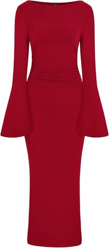 PRETTYGARDEN Women's Bodycon Maxi Dress Fall Fashion 2025 Long Bell Sleeve Ruched Fitted Elegant Cocktail Party Slit Dresses in Saudi Arabia