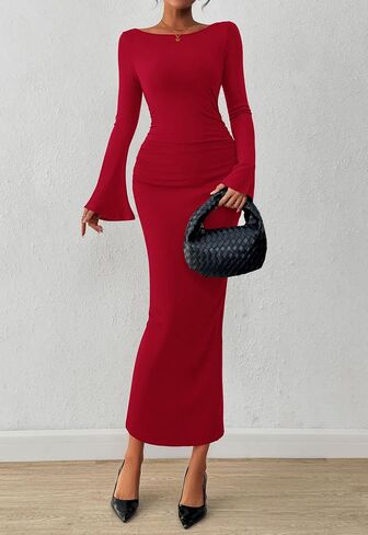 PRETTYGARDEN Women's Bodycon Maxi Dress Fall Fashion 2025 Long Bell Sleeve Ruched Fitted Elegant Cocktail Party Slit Dresses in Saudi Arabia