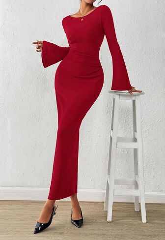 PRETTYGARDEN Women's Bodycon Maxi Dress Fall Fashion 2025 Long Bell Sleeve Ruched Fitted Elegant Cocktail Party Slit Dresses in Saudi Arabia