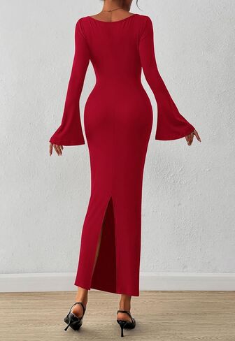 PRETTYGARDEN Women's Bodycon Maxi Dress Fall Fashion 2025 Long Bell Sleeve Ruched Fitted Elegant Cocktail Party Slit Dresses in Saudi Arabia