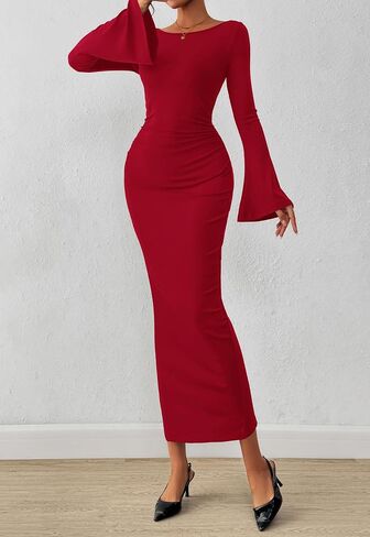 PRETTYGARDEN Women's Bodycon Maxi Dress Fall Fashion 2025 Long Bell Sleeve Ruched Fitted Elegant Cocktail Party Slit Dresses in Saudi Arabia