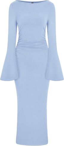 Prettygarden النسائية Bodycon Maxi Dress Fall Fashion 2025 Long Bell Sleeve Ruched Fitged Cocktail Party Slit Dresses in Kuwait