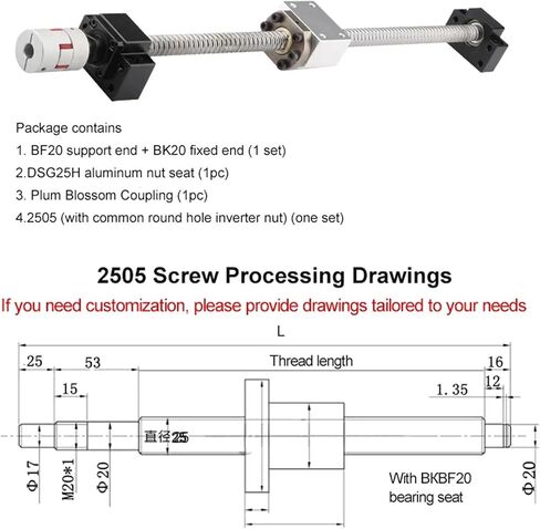 Double nut Ball Screw Control Machine 1pcs C7 Ball Screw SFU2505 End Machining+Flange Nut+Nut Shell+BKBF20 End Support+Coupler(200mm) in Saudi Arabia