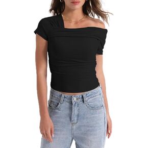 Women One Off Shoulder T Shirts Short Sleeve Y2K Ruched Top Casual Slim Fit Crop Tops