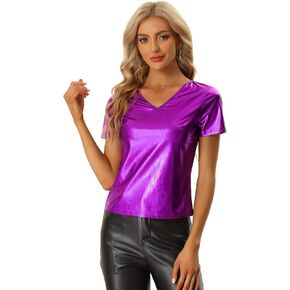 Allegra K Christmas Party Tops for Women's V Neck Short Sleeve Shiny Metallic Top
