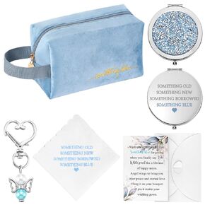 Set of 6 Something Blue Wedding Gift for Bride Wedding Embroidered Handkerchief Angel Bouquet Charm Something Blue Bridal Cosmetic Bag Diamond Compact Mirror Greenery Card with Envelope Gift to Bride