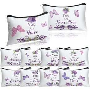 Shinylin 10 Pcs Inspirational Purple Butterfly Lavender Cosmetic Bag for Women You Are Enough Makeup Bag Positive Affirmation Toiletry Bag for Motivation Teacher Gift (Classic Color)