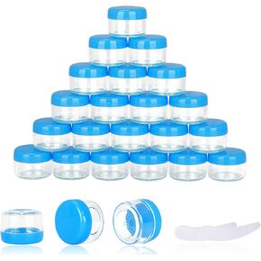 25PCS 5 Gram Sample Containers, 5ml Empty Jars with Lids, Small Cosmetic Containers, Mini Sample Jars with 2PCS Mini Spatulas for Make Up, Oils, Lotion, Powder, Paint, Jewelry, Lip Balms(Clear Lid)
